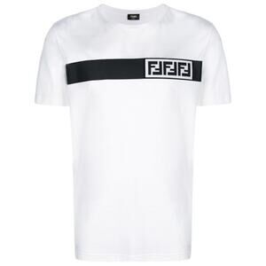 Fendi White Black Striped FF Logo Monogram Short Sleeve Cotton T-Shirt Large L